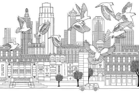 Birds over Kansas City - hand drawn black and white illustration of the city with a flock of pigeons