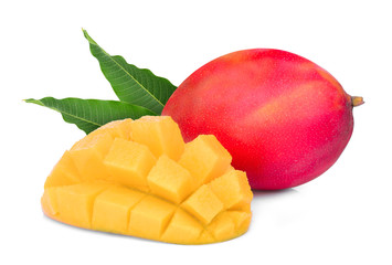 whole and slice ripe mango fruit with leaves isolated on white background