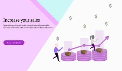 Web design increase your sales,business management, stack of coins dollar, market,store progress, template, banner, app, leaflet,poster - Vector