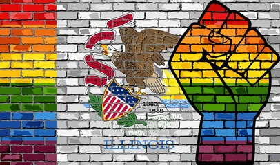 LGBT Protest Fist on a Illinois Brick Wall Flag - Illustration,  Brick Wall Illinois and Gay flags