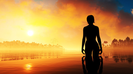 original concept art of imaginary young woman with epic fantasy landscape sunset 