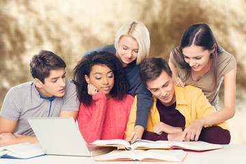 Four Young students studying subject on background