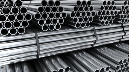 Steel pipes on warehouse. Industrial 3d render