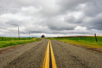 Fototapeta premium Low angle of a country road passing through pature land under the cover of dark rain clouds.