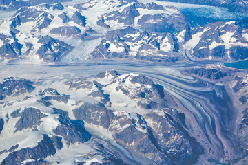 Aerial view of scenic Greenland Glaciers and icebergs