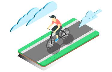 isometric illustration flat design of cycling on the road, during the morning, vector illustration - Vector