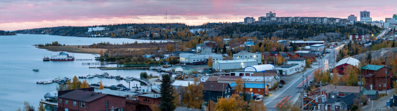 Panoramic view of Yellowknife at dusk from Bush Pilot's Monument
