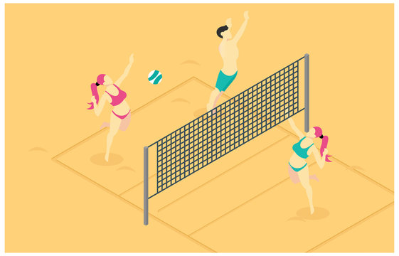 isometric illustration playing beach volleyball, web landing, flat design, vector illustration - Vector