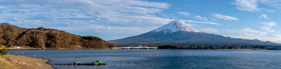 Panorama view of mt.Fuji under clear sky, View from Kawaguchiko lake , Yamanashi , Japan