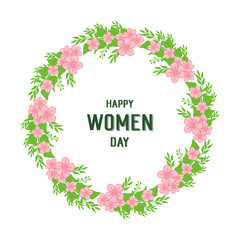 Vector illustration writing happy women day with beautiful leaf wreath frame