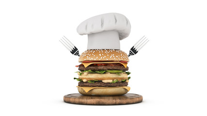 hamburger with hat chef . 3d rendering