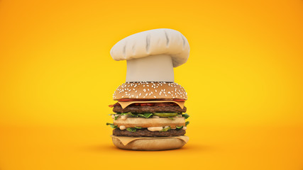 hamburger with hat chef . 3d rendering