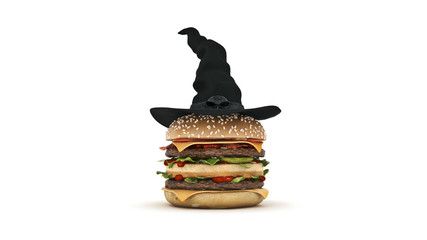 Burger dresses up for Halloween. 3d rendering