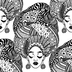 Seamless pattern with ethnic woman in traditional geometric turban, head wrap