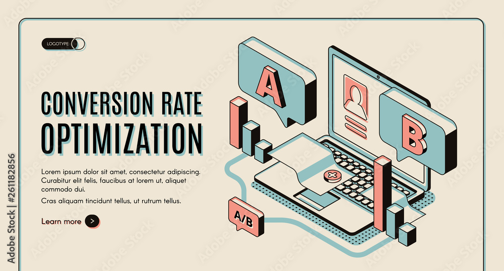 Poster conversion rate optimization isometric web banner. digital content, column charts on laptop keyboard