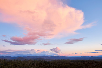 Naklejka na ściany i meble Pink sunset clouds moving over a forest wilderness area in the Sierra Nevada Mountains of Northern California. 