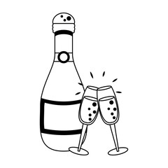 Champagne bottle and cups cartoon isolated in black and white