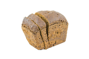 Bread made of coarse flour with cut pieces isolated on white background.