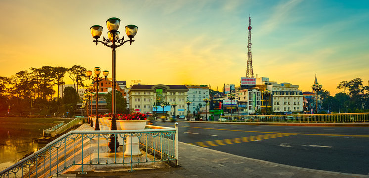 Sunrise over Xuan Huong Lake, Dalat, Vietnam. Panorama