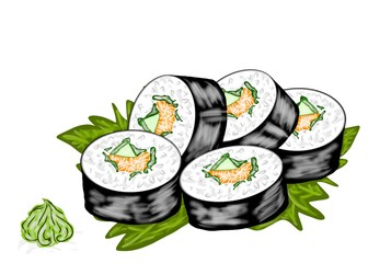 Japanese food style, Top view of group sushi roll on Basil leaves and wasabi isolated on white background for Asian restaurant menu (Maki sushi), Hand drawn, Collection food concept