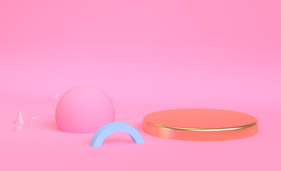 Geometric shape pink cream scene minimal abstract background, Gold round platform, pastel colors, 3D render.