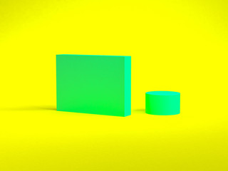 Geen geometrical abstract on yellow background, pastel colors, 3D render, trend poster, Illustration.