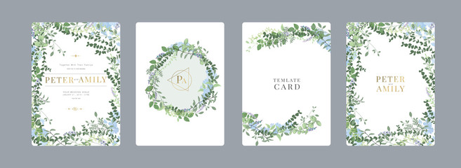 Wedding Invitation, floral invite thank you, rsvp modern card Design in blue and purple flower and leaf greenery  branches decorative Vector elegant rustic template