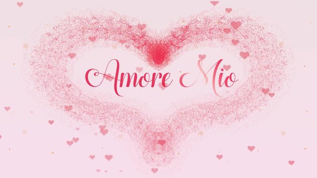 Amore Mio Love confession. Valentine's Day heart made of pink splash is appearing. Then comes the lettering. The heart is dispersing. Isolated on light pink background. Action. Animation. 4K.
