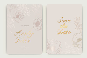 Wedding Invitation, floral invite thank you, rsvp modern card Design in white  golden flower and leaf branches decorative Vector elegant rustic template