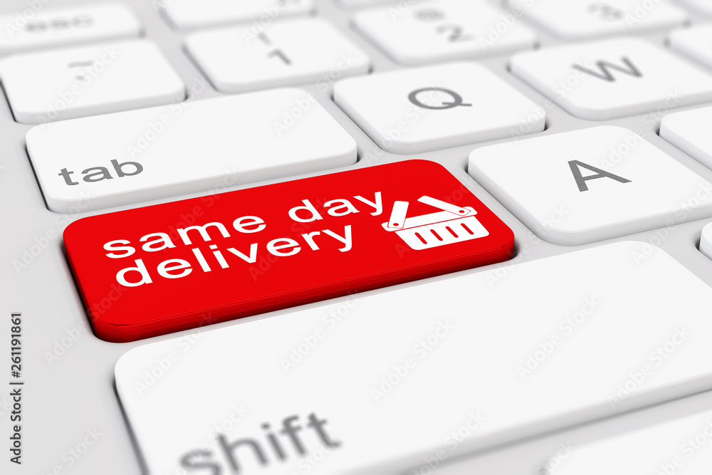 Poster 3d render of a keyboard with red same day delivery button.