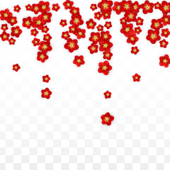 Vector Realistic Red Flowers Falling on Transparent Background.  Spring Romantic Flowers Illustration. Flying Asian Rose Spa Design. Blossom Confetti. Design Elements for Wedding Decoration.