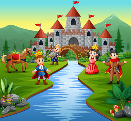 Obraz na płótnie Canvas Knight with princess and prince in a castle landscape