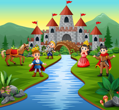 Knight with princess and prince in a castle landscape