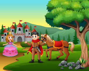 Cartoon prince and princess on the road to the castle