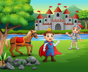 Prince and knight outdoors with a castle background