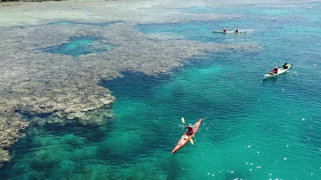 Aerial - Drone Sea Kayaking Group Paddling Over Coral Reef In Fiji
