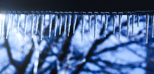 Magic crystal icicles hanging from roof. Melting icicle with falling shiny drops over a beautiful bright background. Ice stalactites in the cold winter or spring in Canada.