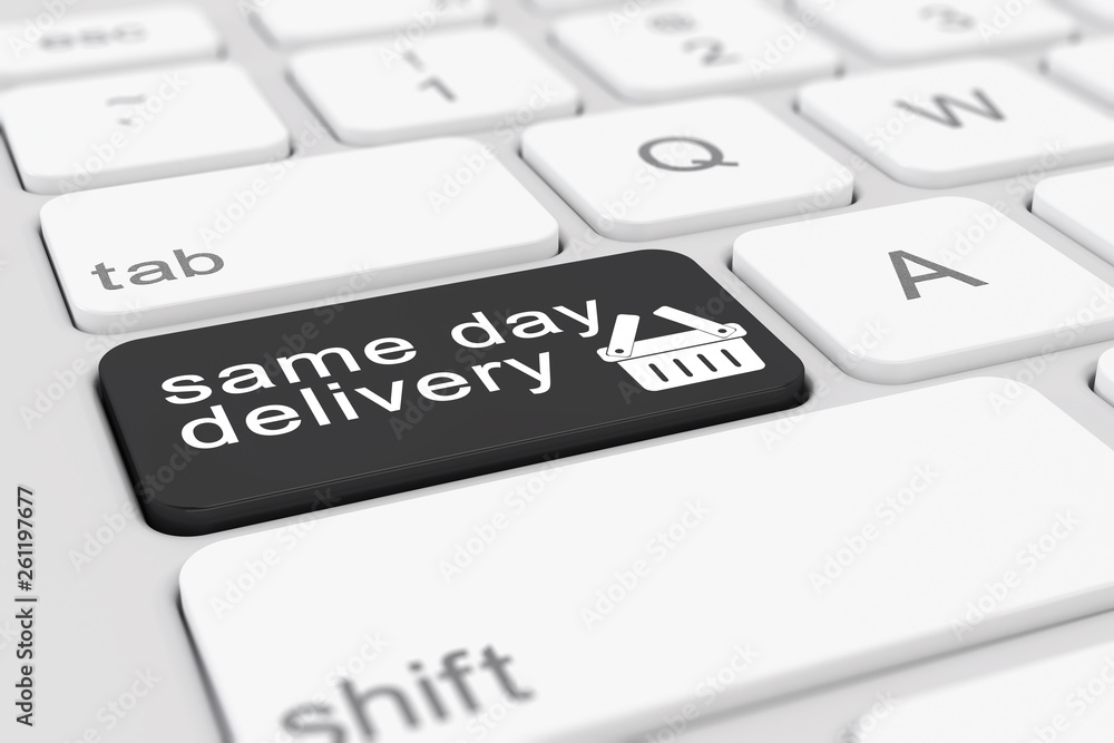 Poster 3d render of a keyboard with black same day delivery button.
