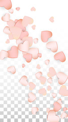 Love Hearts Confetti Falling Background. St. Valentine's Day pattern Romantic Scattered Hearts. Vector Illustration for Cards, Banners, Posters, Flyers for Wedding, Anniversary, Birthday Party, Sales.