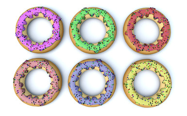 Illustration of a 3D render created as a result of a colored confectionery donuts view from different sides on a lwhite background.