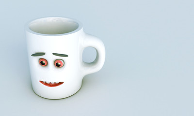 Illustration of a 3D render created as a result of a gray ceramic mug with face front view on the background.