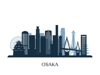 Obraz premium Panoramę Osaki, monochromatyczna sylwetka. Ilustracji wektorowych.
