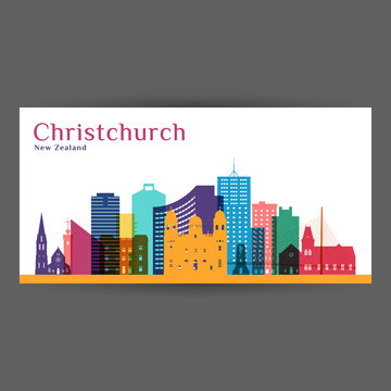 Christchurch City Architecture Silhouette. Colorful Skyline. City Flat Design. Vector Business Card.