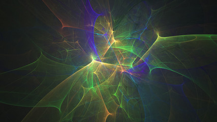 Abstract transparent green and blue crystal shapes. Fantasy light background. Digital fractal art. 3d