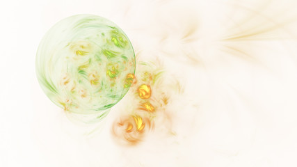 Abstract transparent green and golden crystal shapes. Fantasy light background. Digital fractal art. 3d