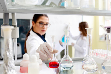 Fototapeta premium Two young woman in laboratory one of them prepare for analyze while second write on white board at background