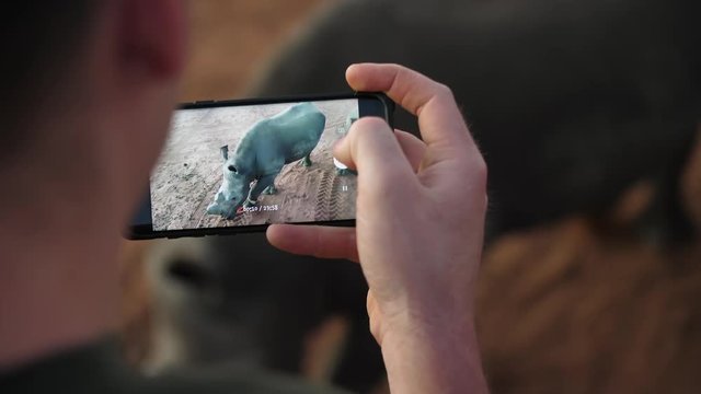 Close up of safari-goer recording sighting of Rhino with cellphone