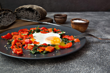 Fried egg with red sweet pepper and spinach