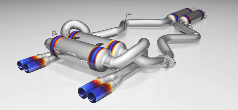 Tuning exhaust system for a sports car. Car muffler, exhaust silencer on a white background. 3D rendering