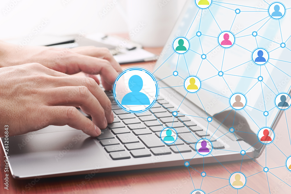 Aufkleber Online people network. Sending message by laptop. Man using internet for communication.